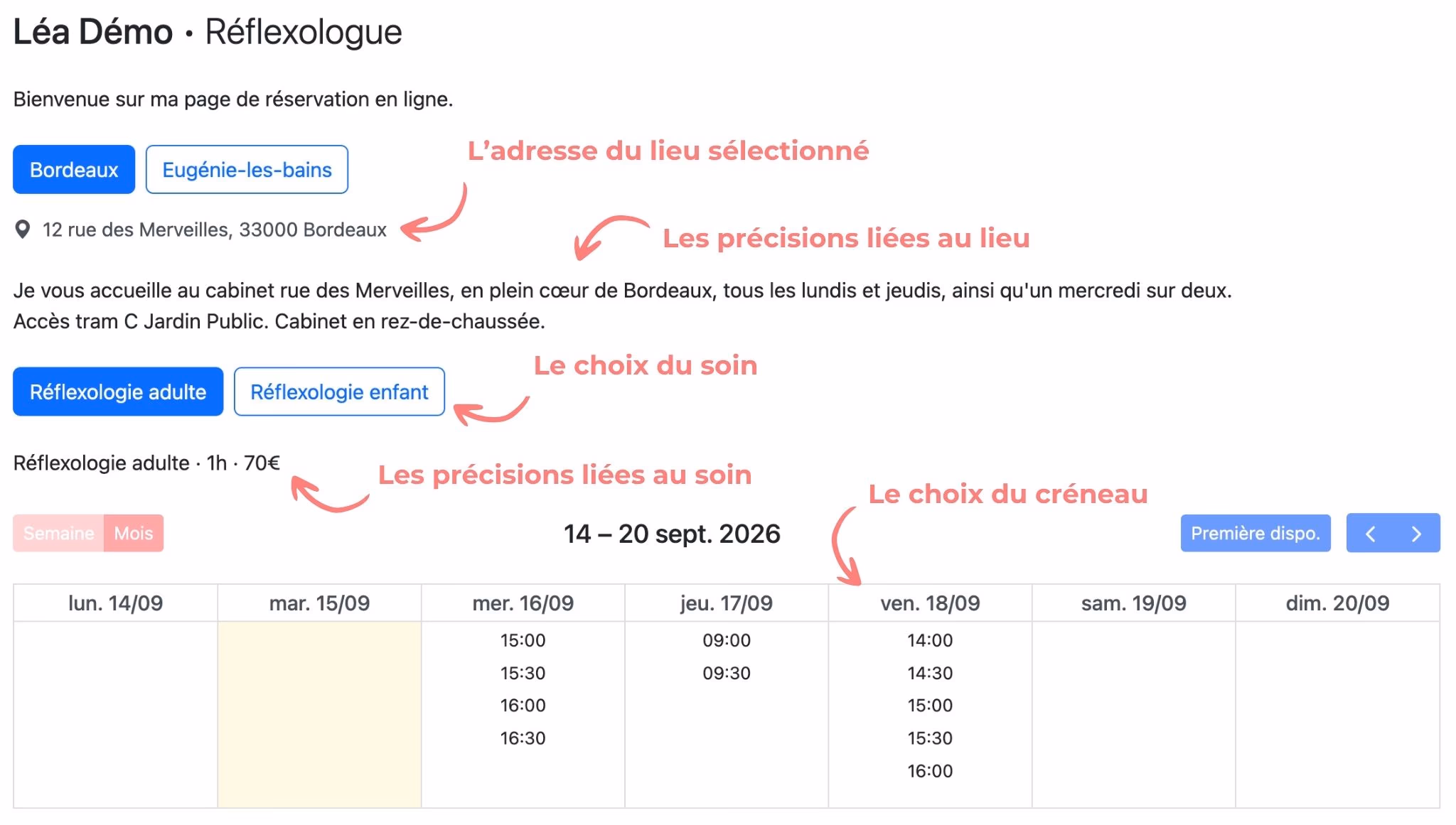 Une page de réservation : l'adresse du lieu, ses précisions, le choix du soin et les créneaux disponibles