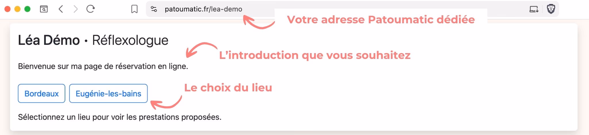 Le haut d'une page de réservation : l'adresse web, l'introduction et le choix du lieu