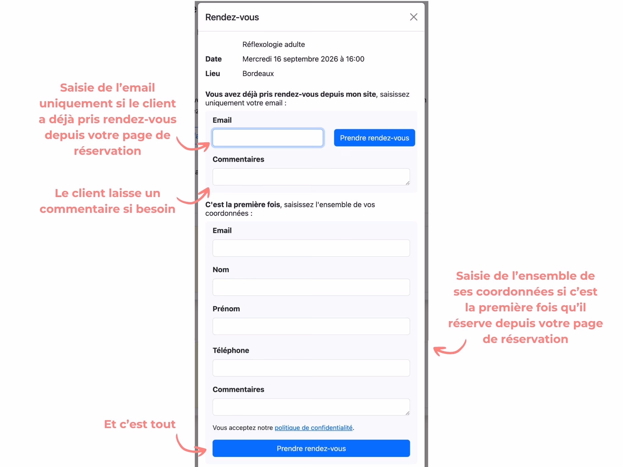 La fenêtre "Rendez-vous" : l'email seul pour un client déjà venu, toutes les coordonnées pour une première fois