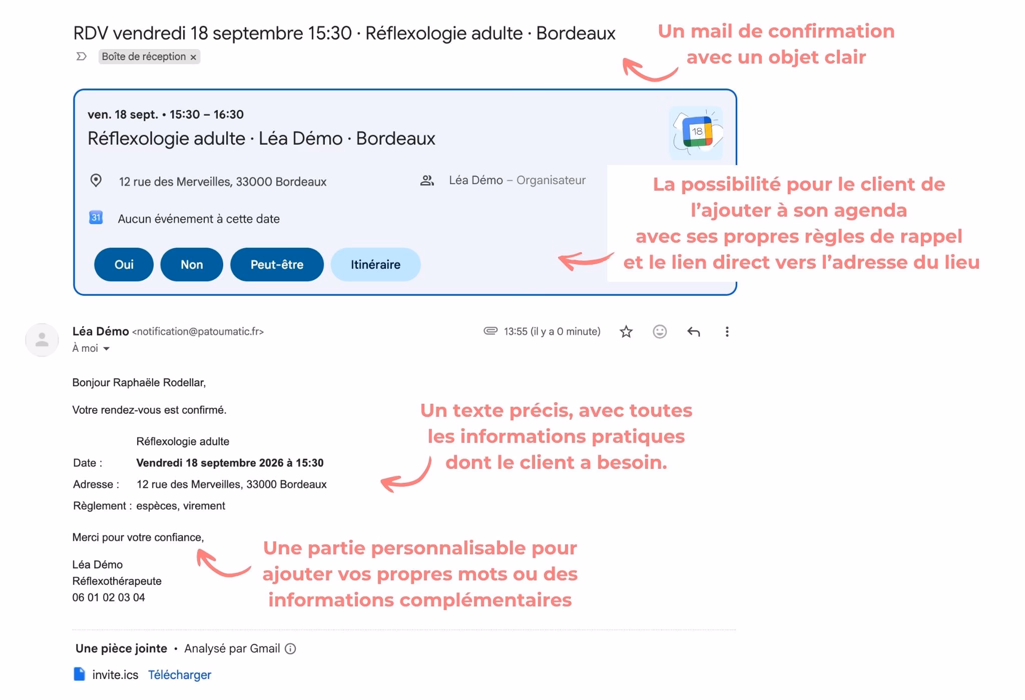 L'email de confirmation reçu par le client, avec l'invitation d'agenda en pièce jointe