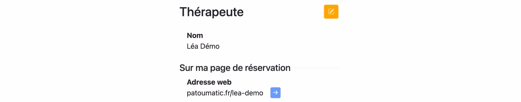 L'adresse web de sa page de réservation dans les paramètres "Thérapeute"
