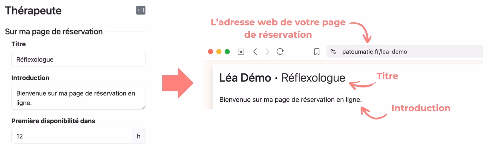 Le titre et l'introduction saisis dans les paramètres, et leur rendu en haut de la page de réservation