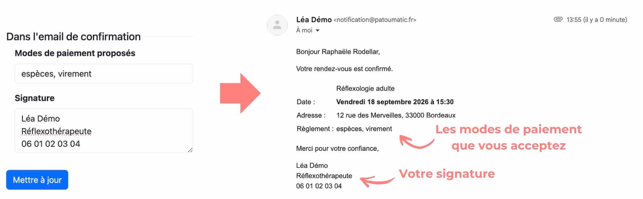 Les modes de paiement et la signature saisis dans les paramètres, et leur rendu dans l'email de confirmation