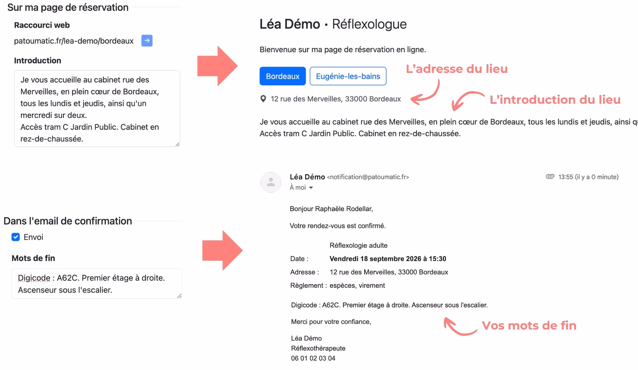 Les sections "Sur ma page de réservation" et "Dans l'email de confirmation" d'un lieu, et leur rendu sur la page de réservation et dans l'email de confirmation
