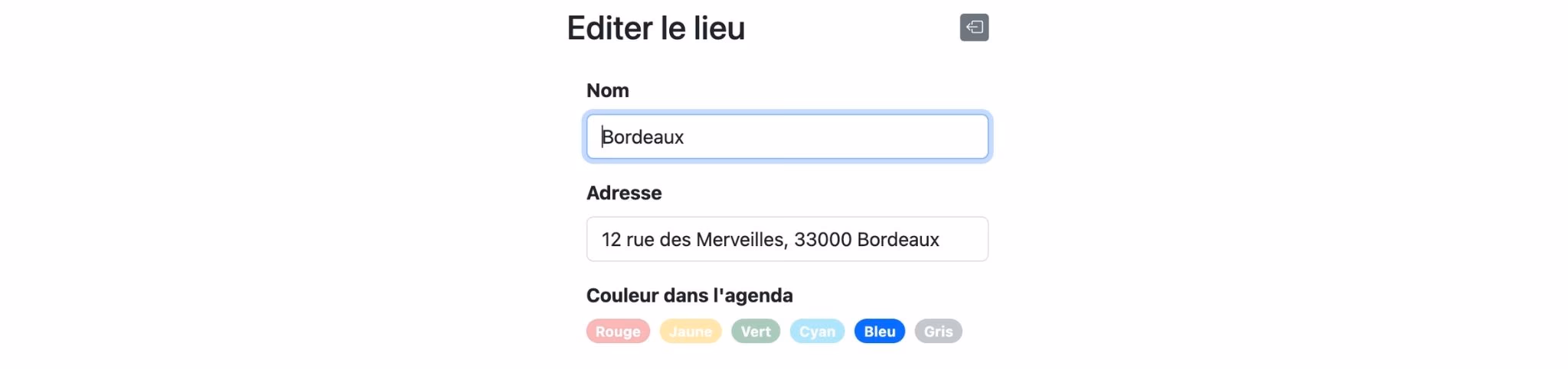 Le nom, l'adresse et la couleur dans l'agenda en haut du formulaire d'un lieu