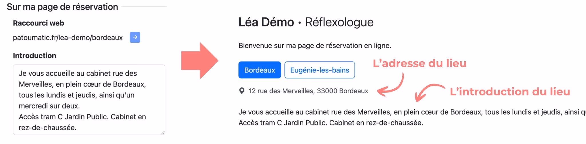 Le raccourci web et l'introduction d'un lieu, et leur rendu sur la page de réservation