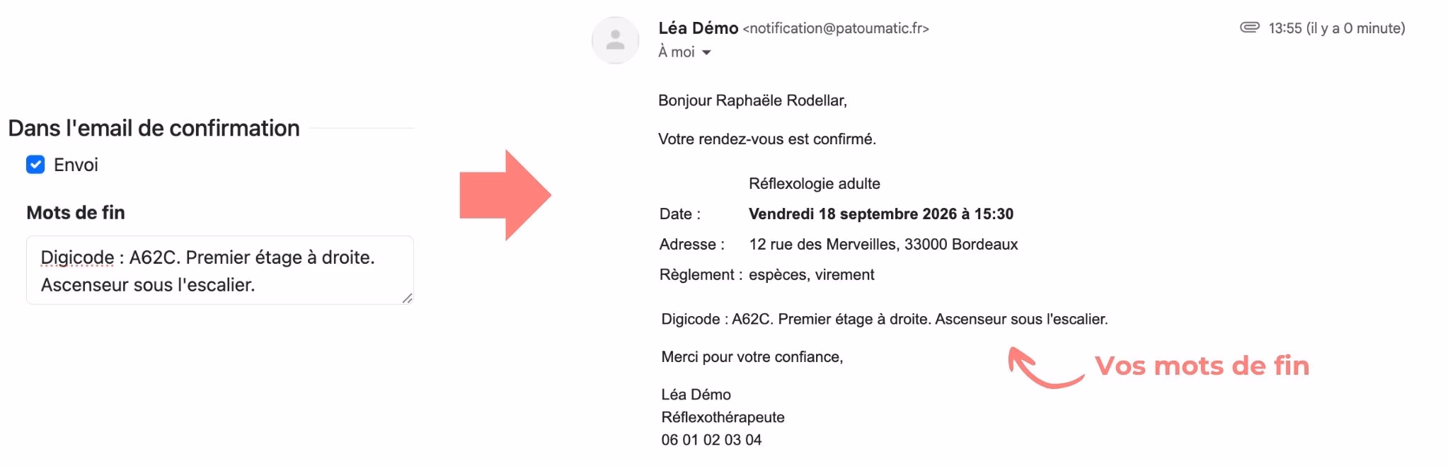 L'envoi et les mots de fin d'un lieu, et leur rendu dans l'email de confirmation