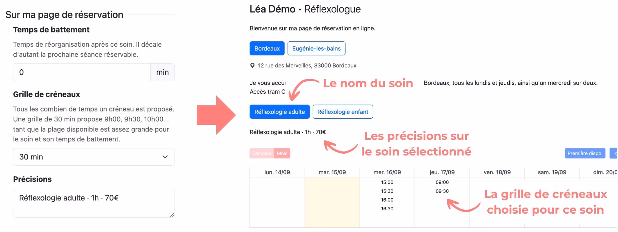 Le nom, la grille de créneaux et les précisions d'un soin dans les paramètres, et leur rendu sur la page de réservation