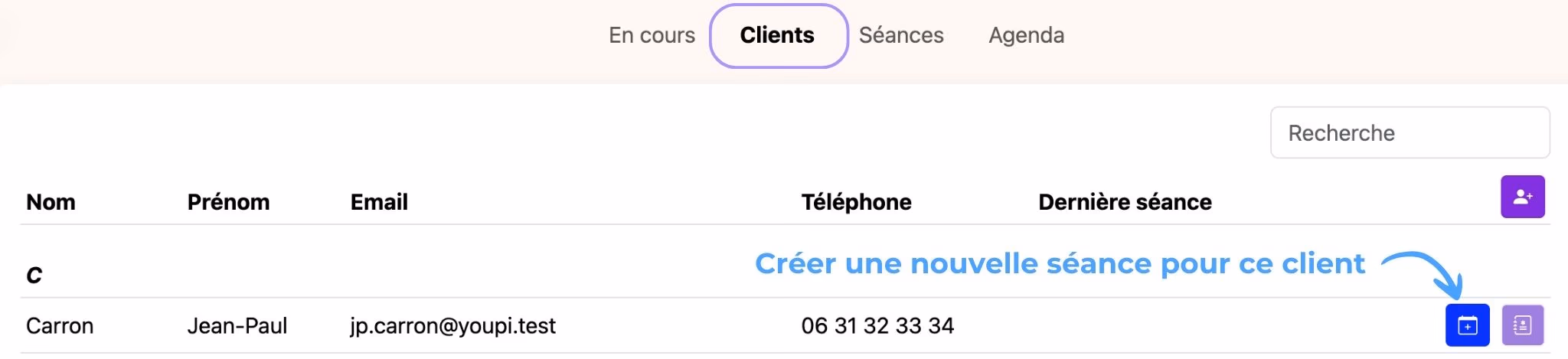 Créer une nouvelle séance, étape 1