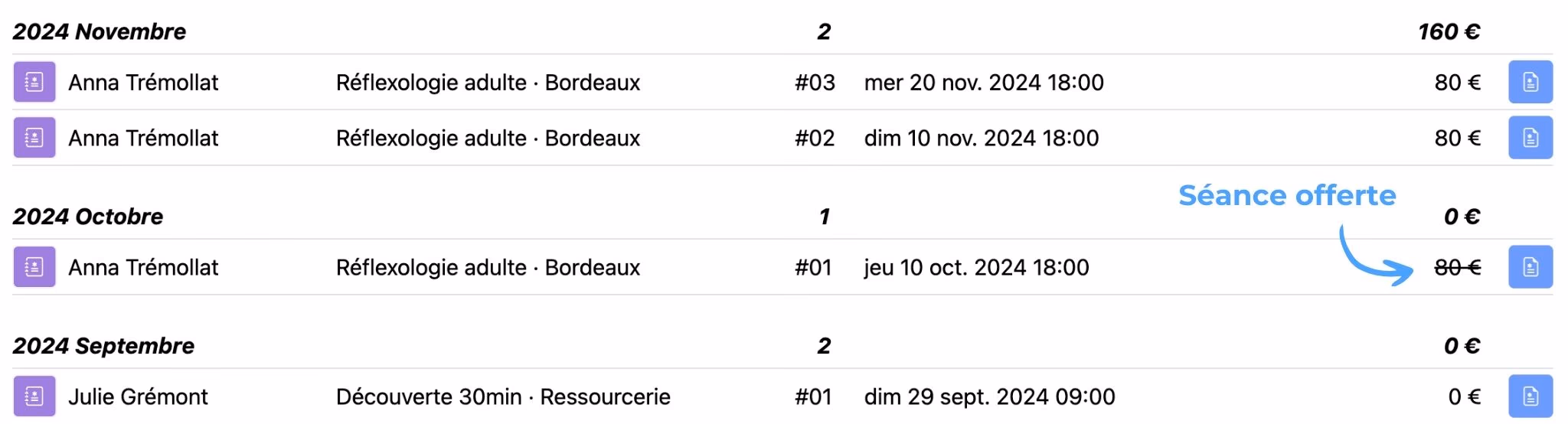 Identifier les séances offertes, étape 2