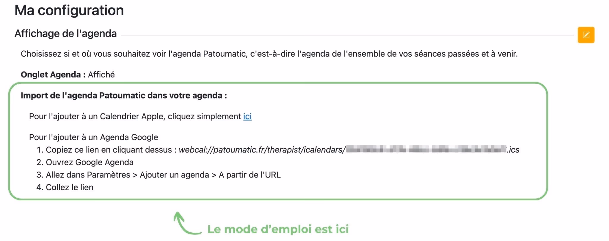 Importer l'agenda Patoumatic dans son agenda Google ou Apple, étape 1