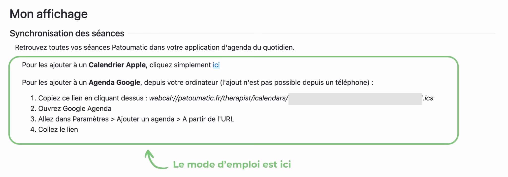 La section "Synchronisation des séances" de "Mon affichage", avec le lien d'import pour Apple et Google