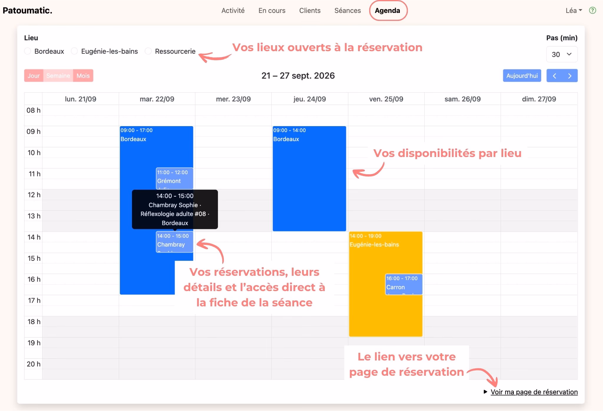 La vue "Agenda" : les lieux ouverts à la réservation, les disponibilités par lieu, les séances et le lien vers la page de réservation
