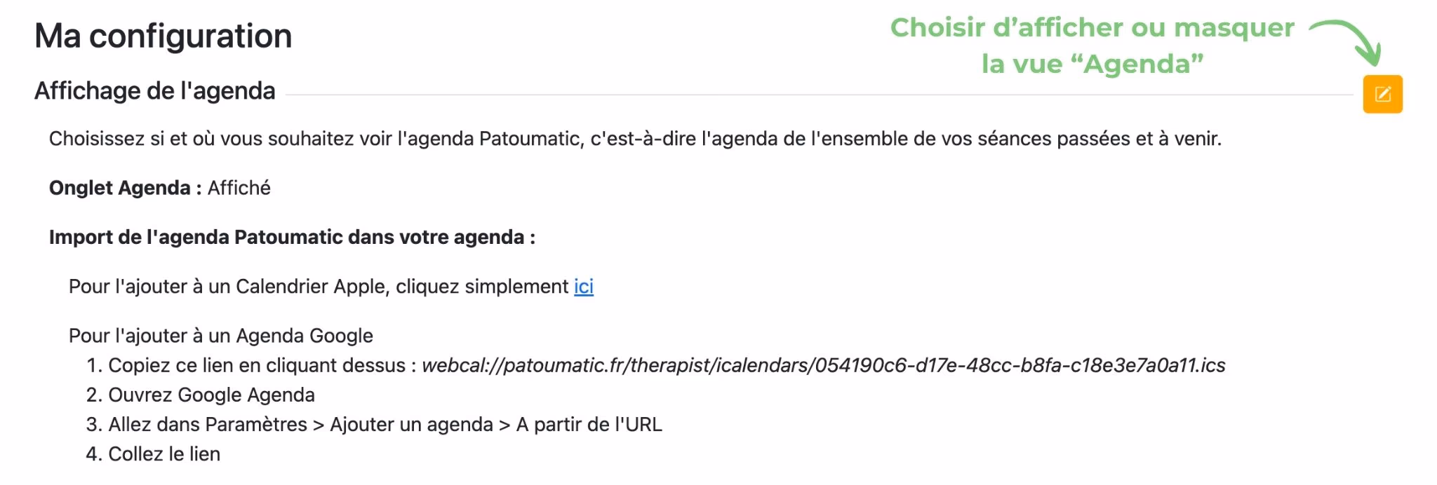 Masquer la vue "Agenda", étape 1