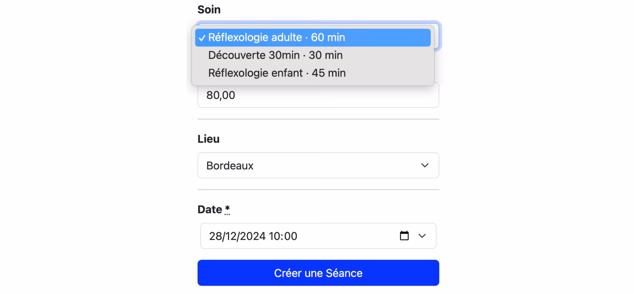 Modifier l'ordre des soins et des lieux lors de la réservation, étape 1