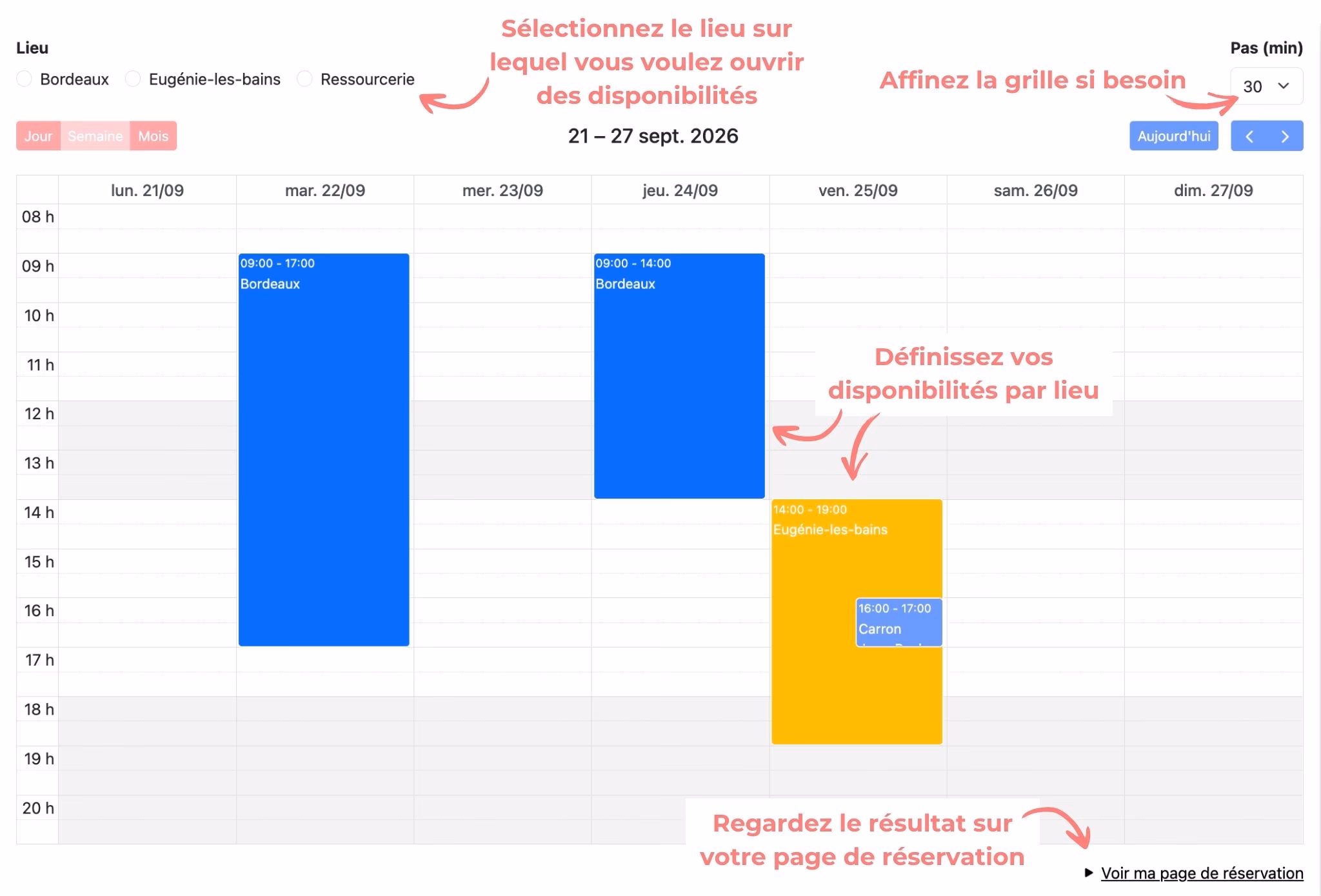 Une semaine d'agenda : le choix du lieu, le pas de la grille, les disponibilités de deux lieux et le lien vers la page de réservation