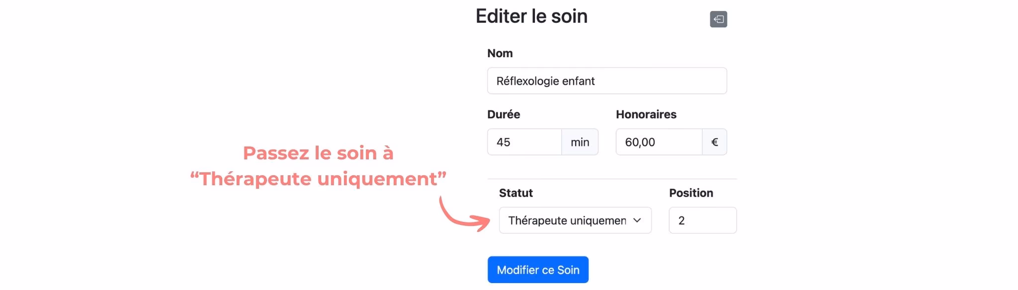 Le formulaire d'un soin, son statut passé à "Thérapeute uniquement"