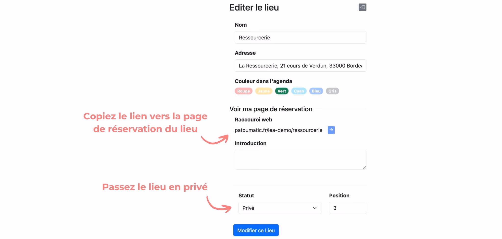Le formulaire d'un lieu : son raccourci web à copier, et son statut passé en "Privé"