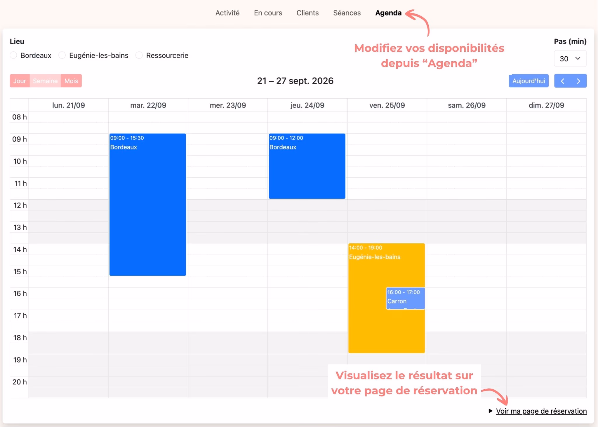La vue "Agenda", où se modifient les disponibilités, et son lien vers la page de réservation