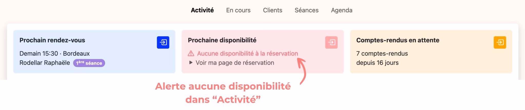 La carte "Prochaine disponibilité" de la vue "Activité", en alerte quand plus aucun créneau n'est réservable