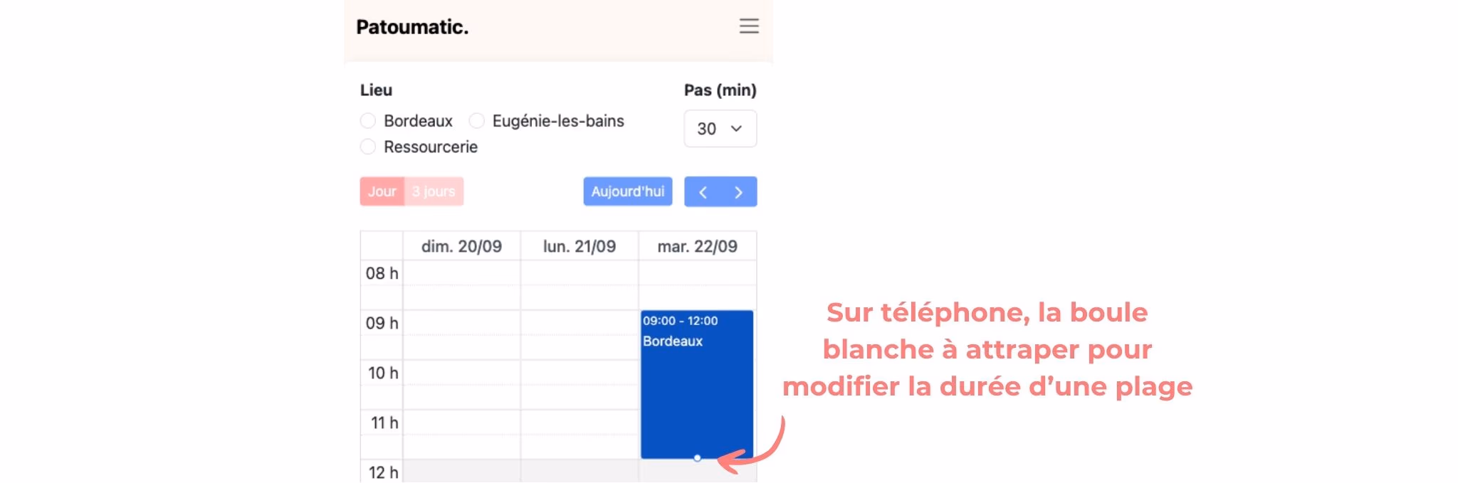 Sur téléphone, la boule blanche au bas d'une plage, à attraper pour en modifier la durée