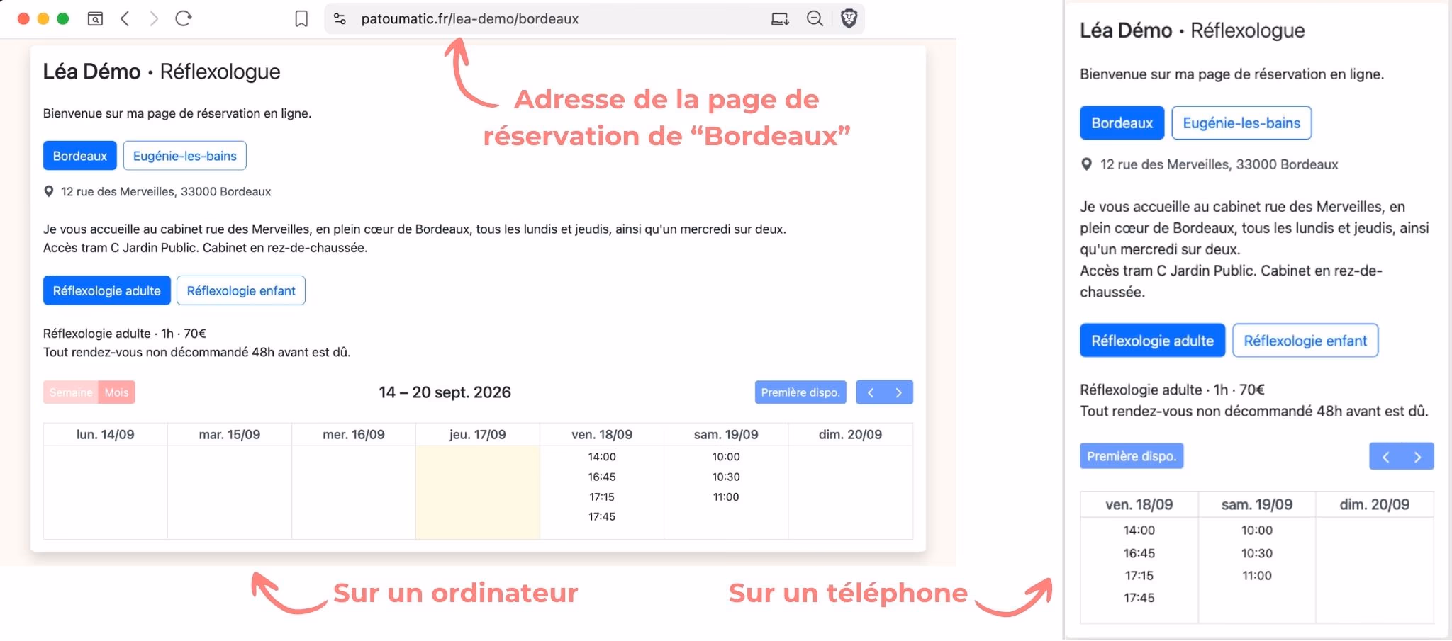 La page de réservation d'un lieu, sur un ordinateur et sur un téléphone