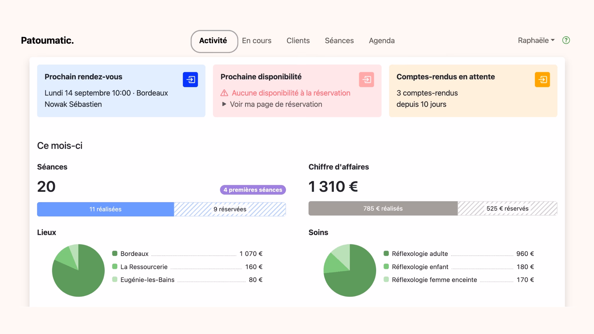 Le nouvel écran d'accueil de Patoumatic, la vue Activité