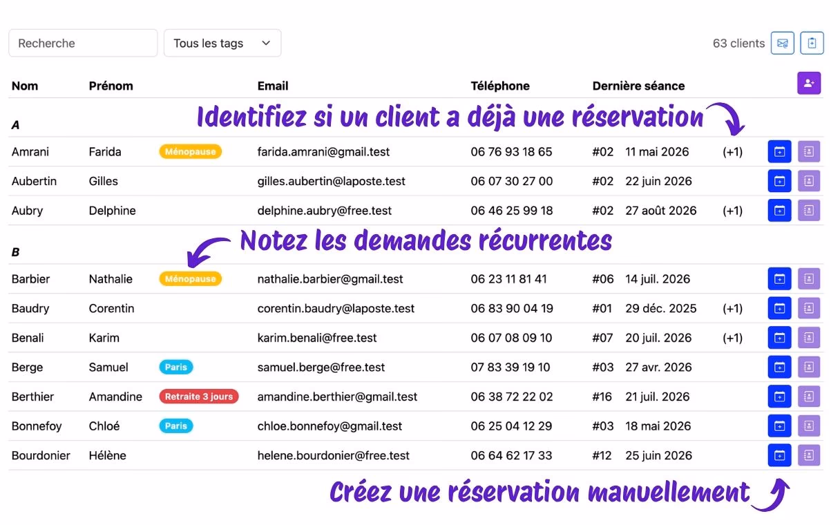 La liste des clients dans Patoumatic, avec la recherche, les tags et la dernière séance