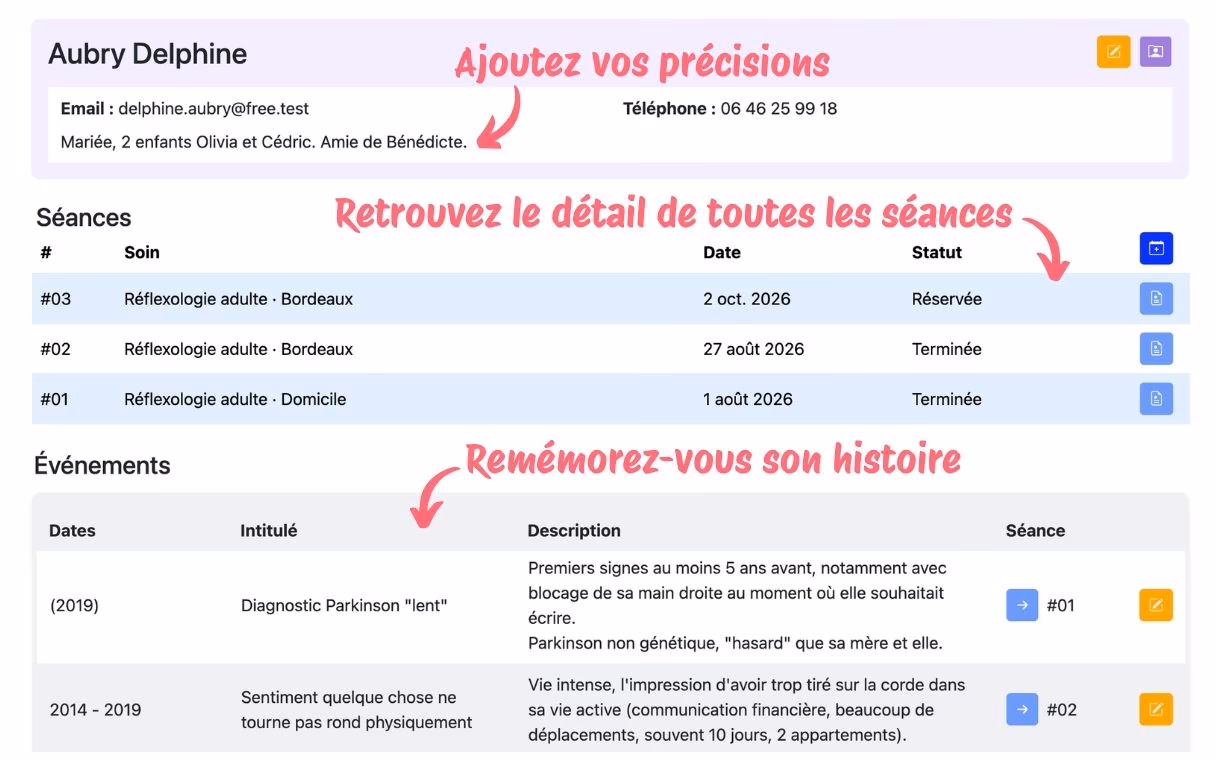 Le dossier d'un client, avec la liste de ses séances et les événements de sa vie