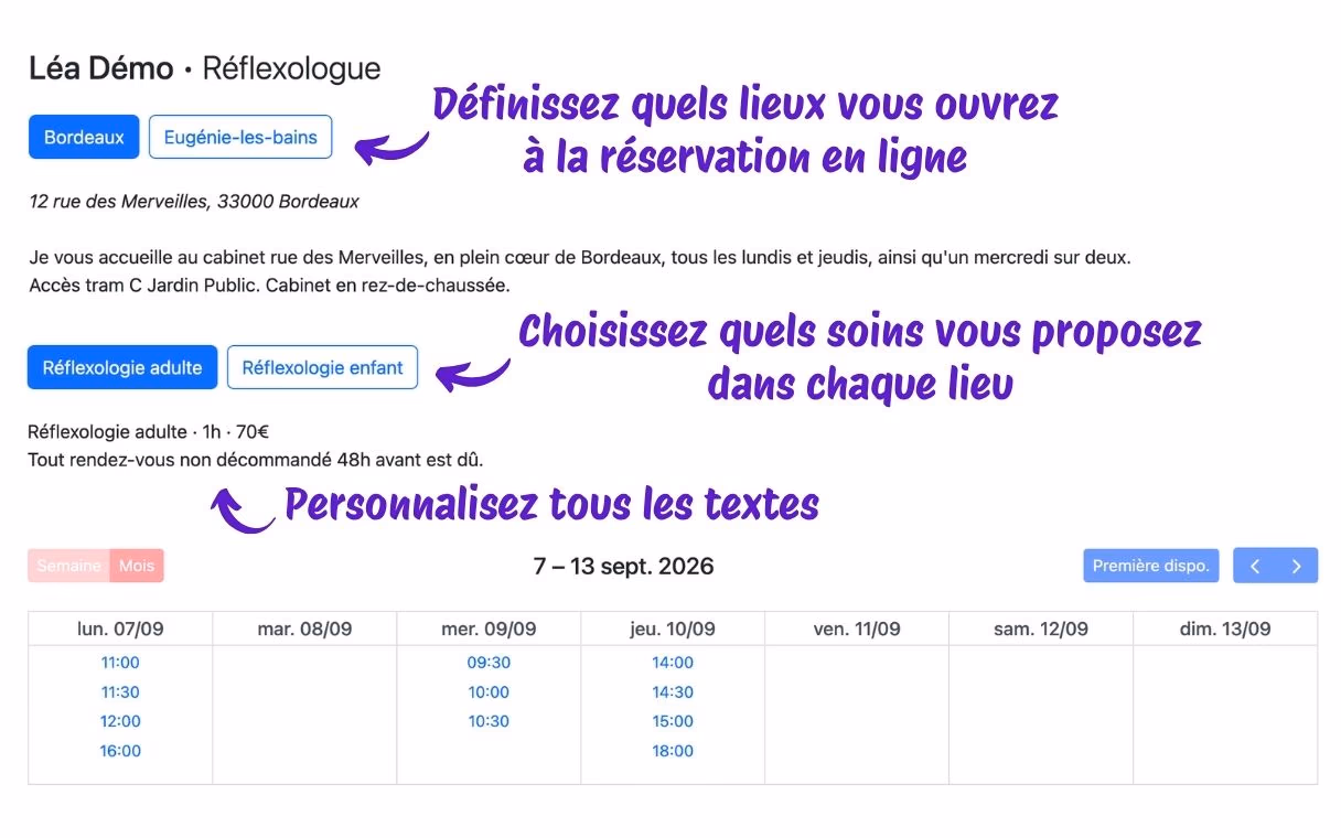 La page de réservation en ligne d'une thérapeute, avec ses lieux, ses soins et ses créneaux disponibles