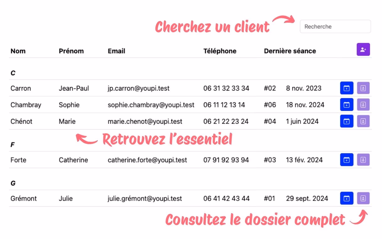 La liste des clients dans Patoumatic, avec la recherche et la date de la dernière séance